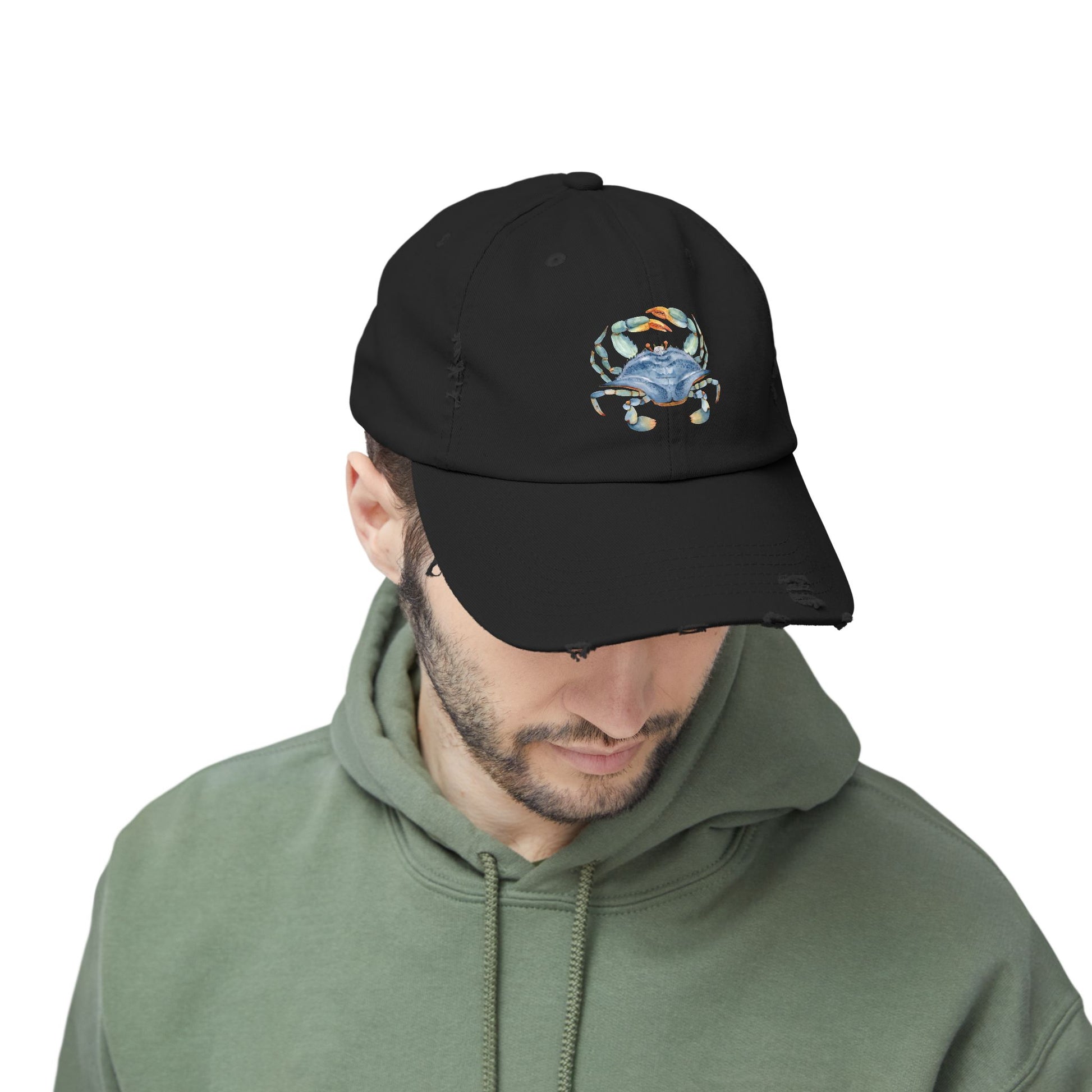 Crab Illustration Unisex Distressed Cap, Beachwear Hat, Summer Accessory, Gift for Crab Lovers, Casual Outdoor Apparel