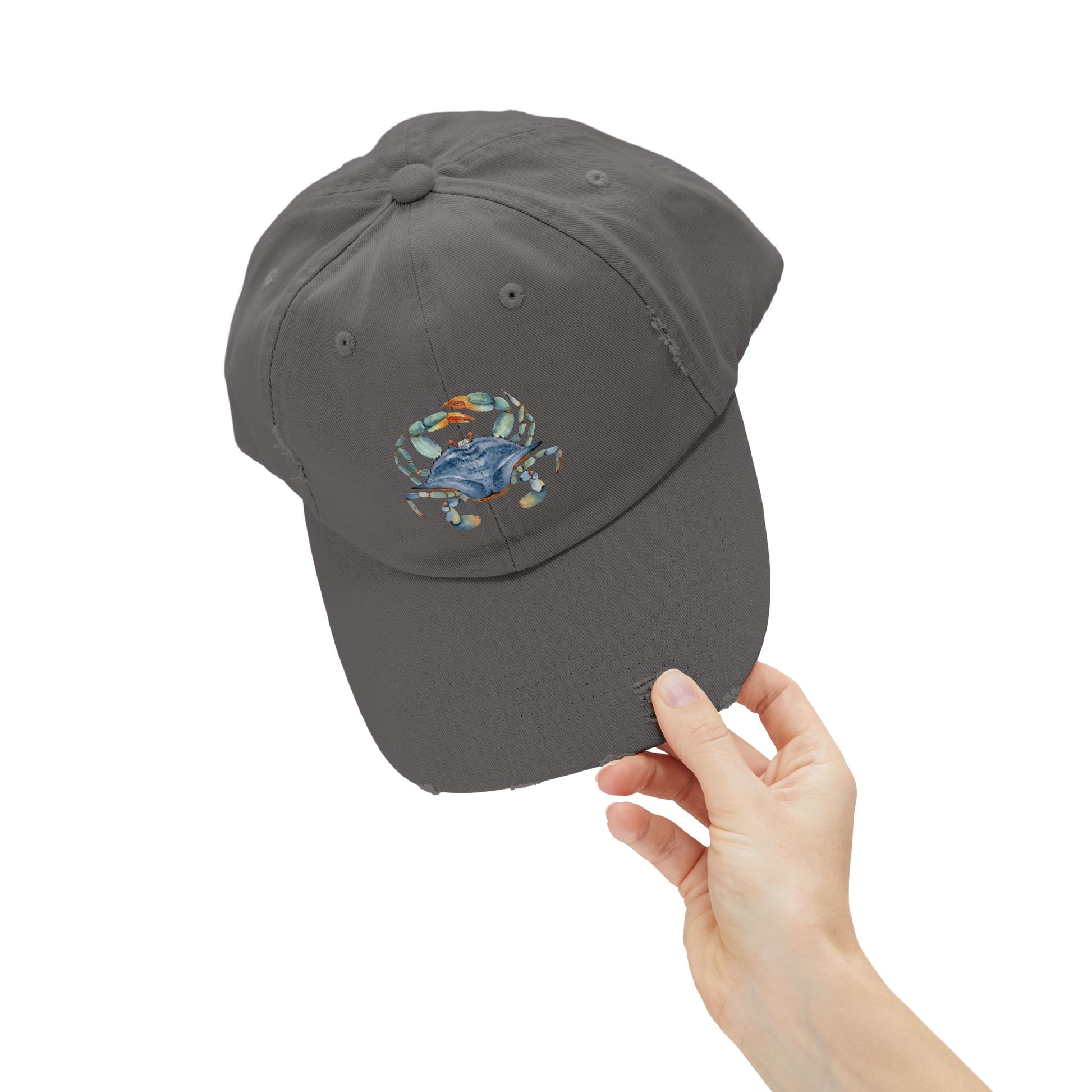 Crab Illustration Unisex Distressed Cap, Beachwear Hat, Summer Accessory, Gift for Crab Lovers, Casual Outdoor Apparel