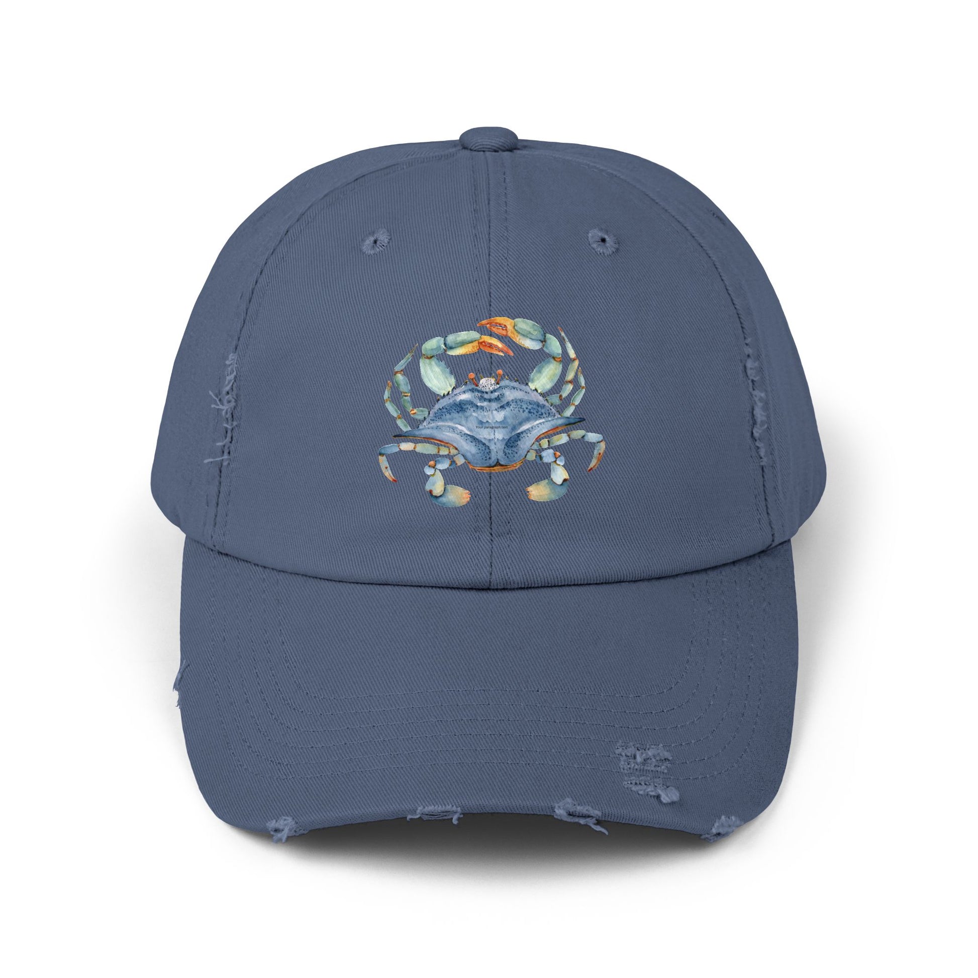 Crab Illustration Unisex Distressed Cap, Beachwear Hat, Summer Accessory, Gift for Crab Lovers, Casual Outdoor Apparel