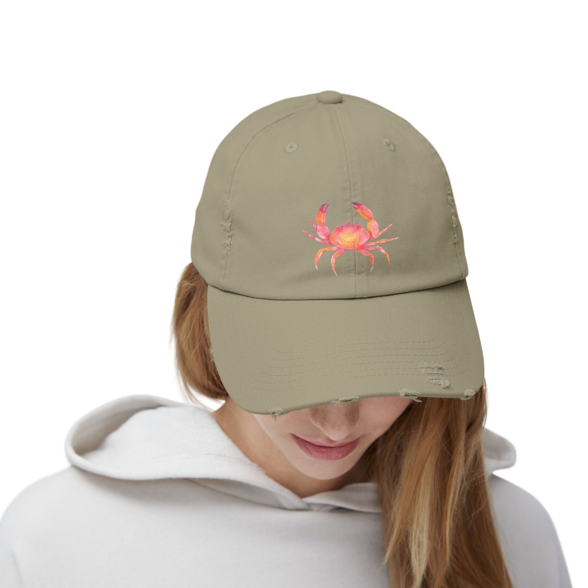 Colorful Crab Distressed Cap, Outdoor Fashion Hat, Beachwear Accessory, Gift for Sea Lovers, Casual Everyday Hat
