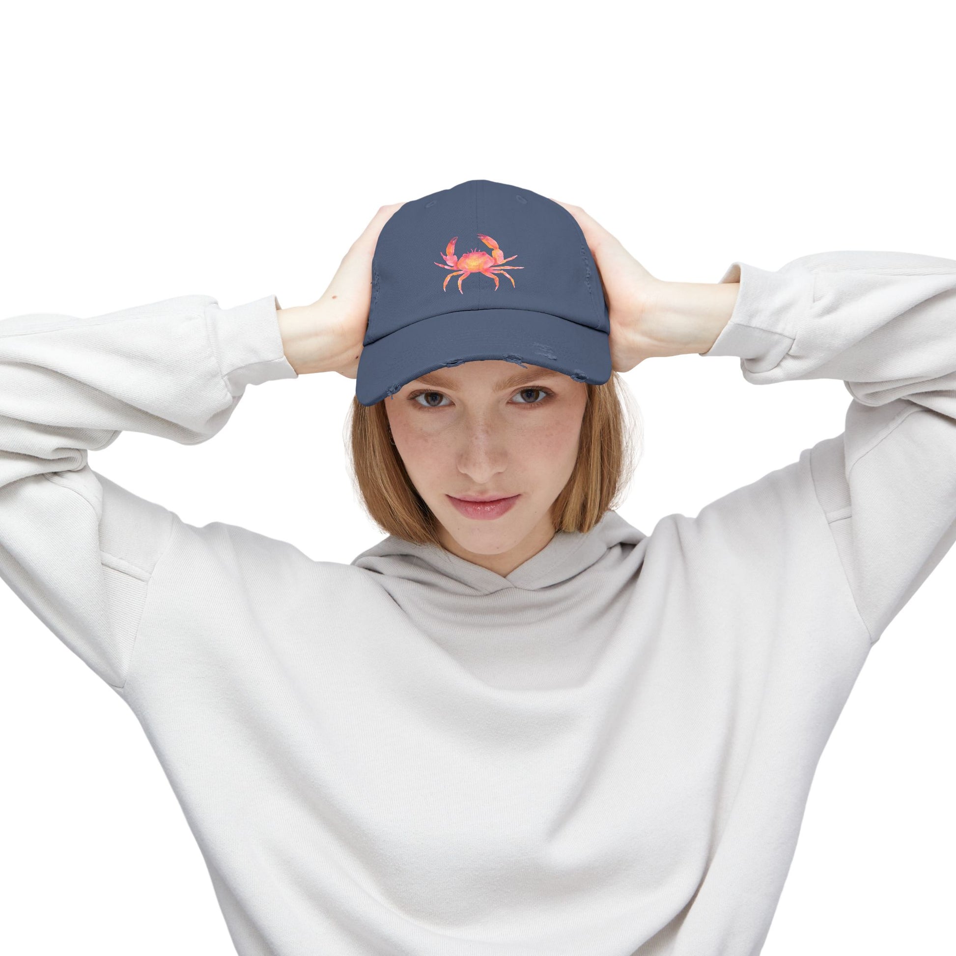 Colorful Crab Distressed Cap, Outdoor Fashion Hat, Beachwear Accessory, Gift for Sea Lovers, Casual Everyday Hat