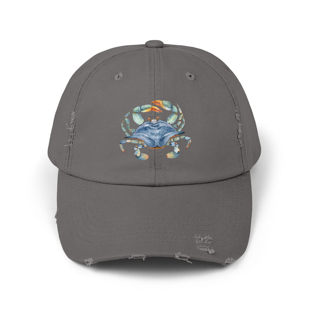Crab Illustration Unisex Distressed Cap, Beachwear Hat, Summer Accessory, Gift for Crab Lovers, Casual Outdoor Apparel