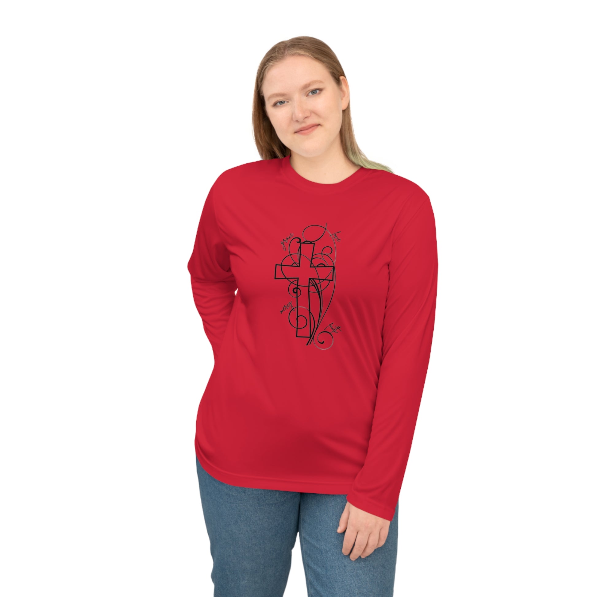 Unisex Performance Long Sleeve Shirt with Artistic Cross Design, Workout Top, Casual Layer, Fitness Apparel, Gift for Him/Her, Sportswear
