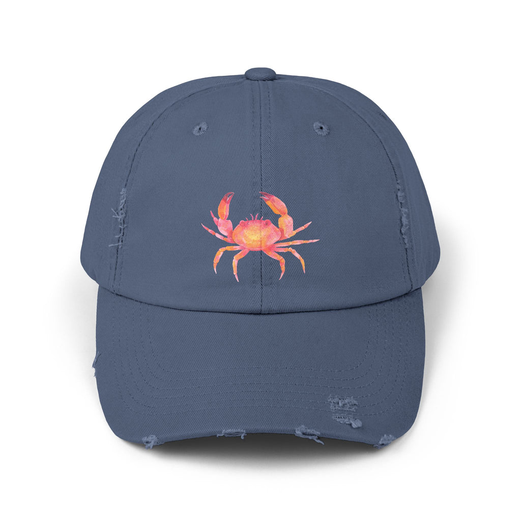 Colorful Crab Distressed Cap, Outdoor Fashion Hat, Beachwear Accessory, Gift for Sea Lovers, Casual Everyday Hat