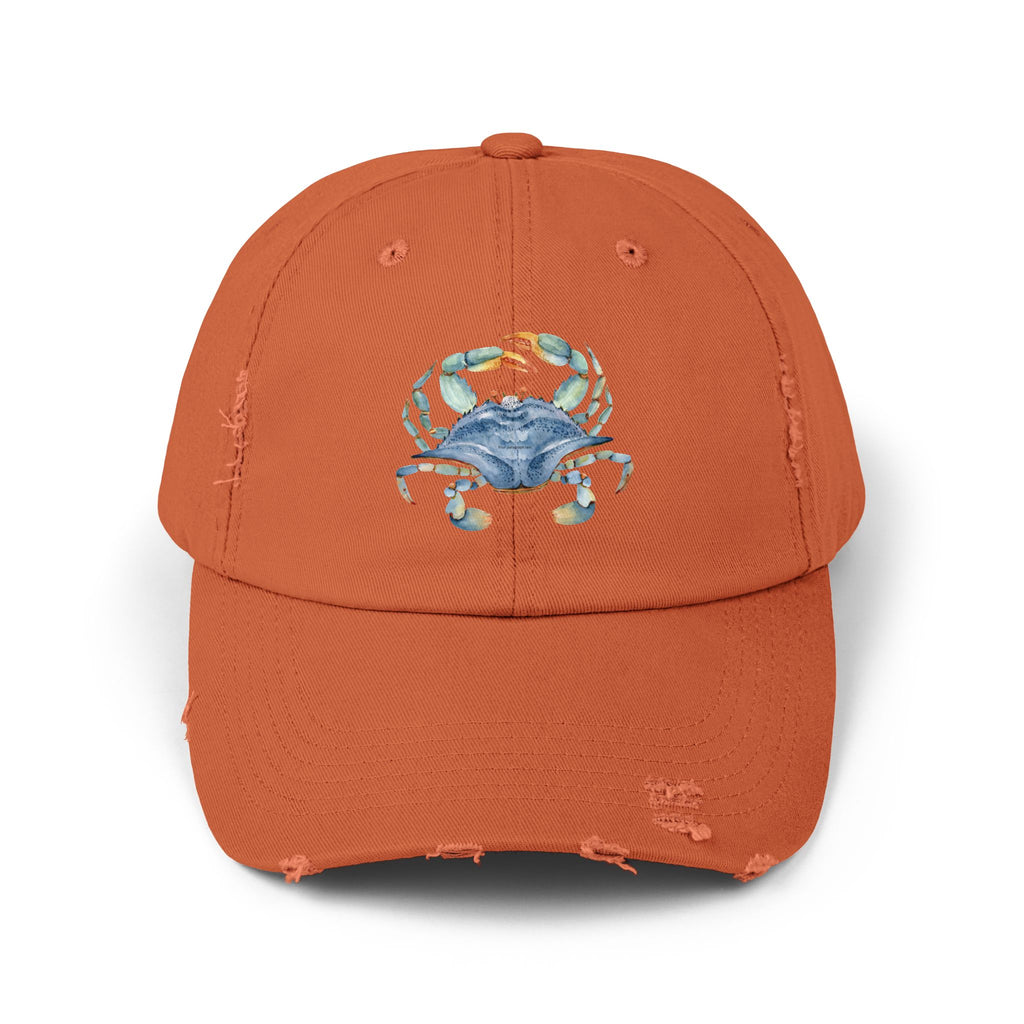 Crab Illustration Unisex Distressed Cap, Beachwear Hat, Summer Accessory, Gift for Crab Lovers, Casual Outdoor Apparel