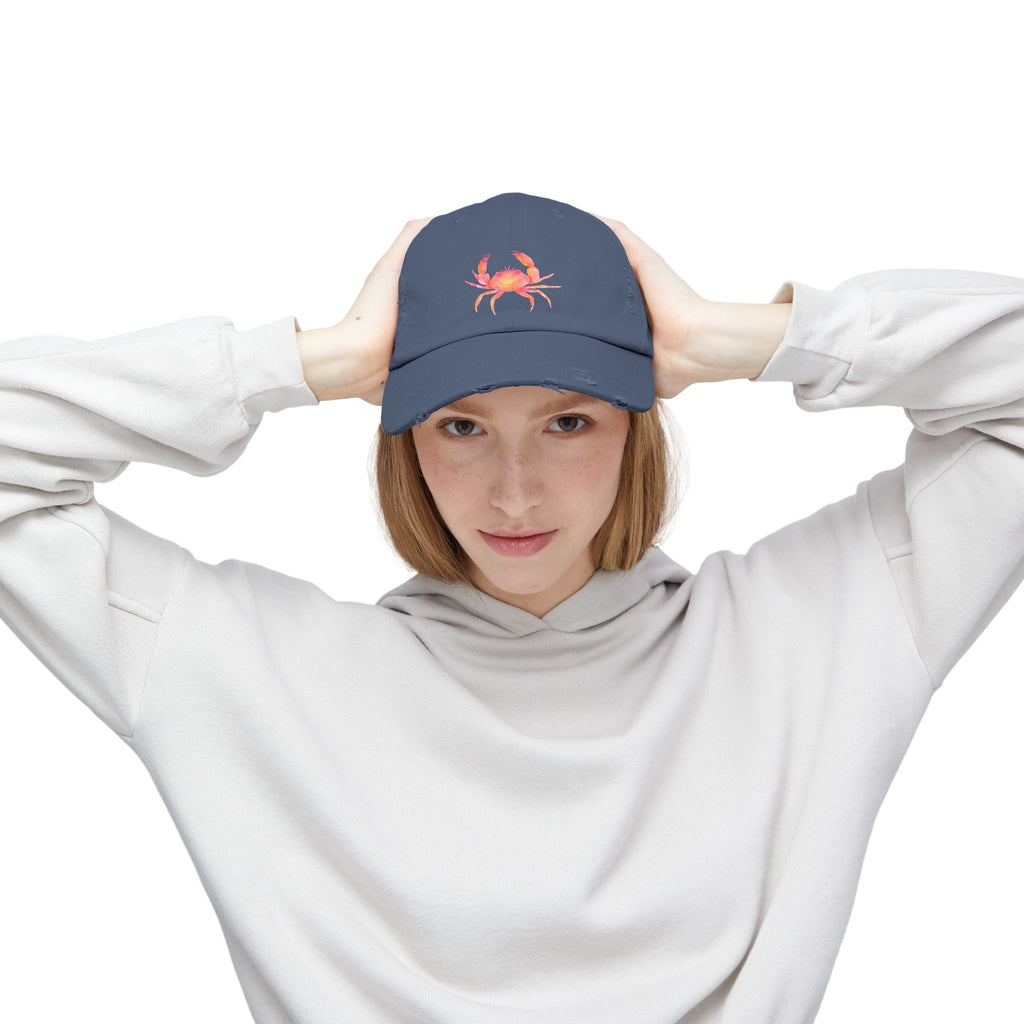 Colorful Crab Distressed Cap, Outdoor Fashion Hat, Beachwear Accessory, Gift for Sea Lovers, Casual Everyday Hat