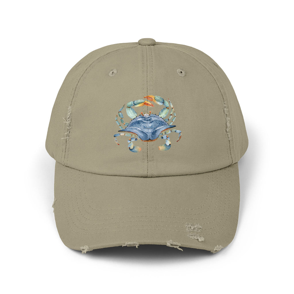 Crab Illustration Unisex Distressed Cap, Beachwear Hat, Summer Accessory, Gift for Crab Lovers, Casual Outdoor Apparel